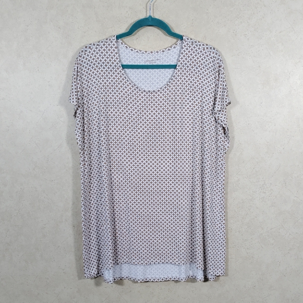 H184 Coldwater Creek tan & white jersey knit cap sleeve top XL NEW